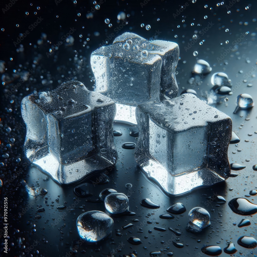 Scattered ice cubes on a dark glossy background in droplets of water. 3d Illustration
Scattered ice cubes on a dark glossy background in droplets of water. 3d Illustration