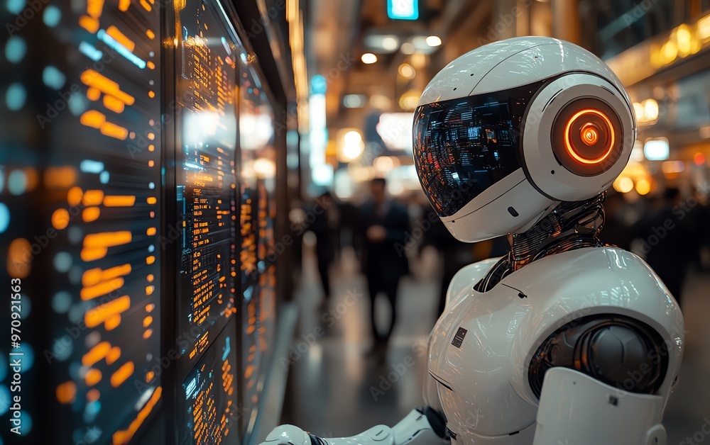 AI robot working alongside human traders in a bustling futuristic stock exchange, collaboration, humanAI synergy in trading AI robot working alongside human traders in a bustling futuristic stock exchange, collaboration, humanAI synergy in trading