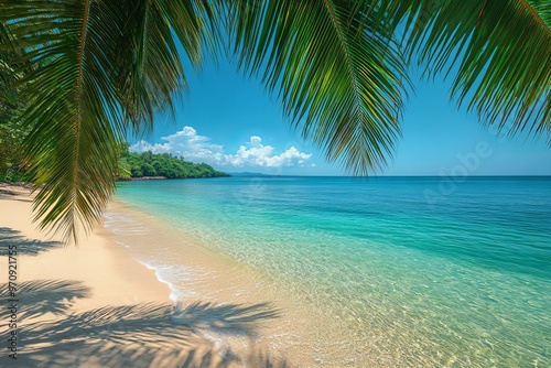 tropical beach with turquoise water, white sand, lush greenery and palm trees under a sunny blue sky.