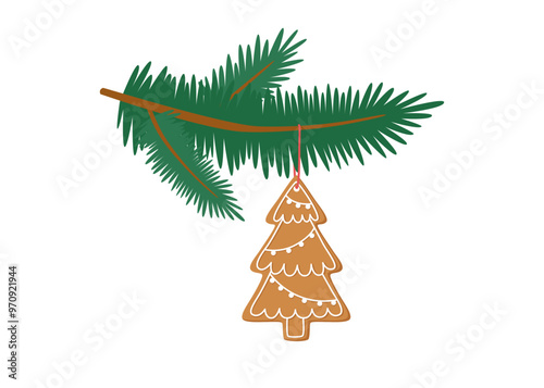 Sustainable Christmas concept. Christmas ornaments. Christmas tree twig decorated with gingerbread cookie isolated on white background. 