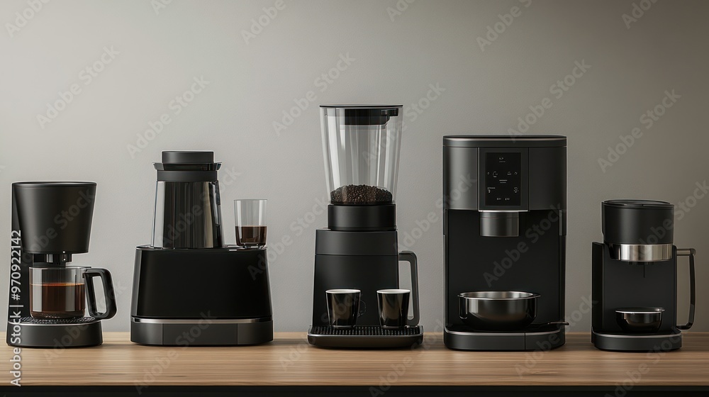 A Row of Coffee Makers on a Wooden Countertop A Row of Coffee Makers on a Wooden Countertop