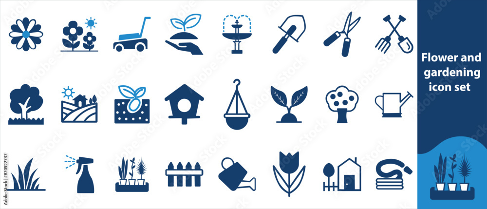 Fototapeta premium Flowers and gardening icons set, bloom, flowers, petals, seedlings, garden tools, watering can, green thumb, potting soil, pruning shears Garden hose, flower pot, greenhouse, leaf, shovel, 