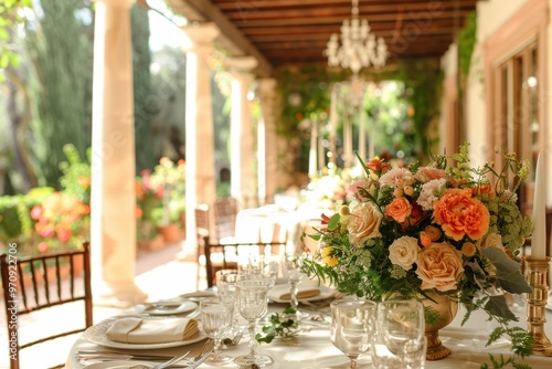 Mesa en el exterior de un patio decorada con flores naturales. Mesa parada para una celebración. 