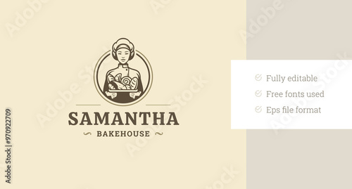 Bakery woman baker with fresh bread baking retro circle logo design template vector flat illustration. Bakehouse store shop cafe cafeteria eatery traditional pastry food menu logotype