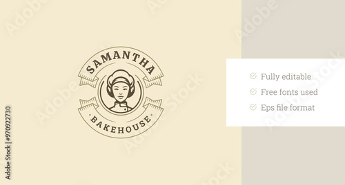 Bakehouse fresh pastry shop cafe retro circle ribbon logo design template vector flat illustration. Bakery store cafeteria eatery old style minimalist logotype with woman baker portrait
