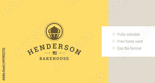 Bakery fresh baked cupcake retro logo design template for cafe vector flat illustration. Bakehouse traditional cake pastry cooking minimalist logotype for store shop cafeteria eatery