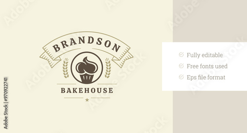 Bakehouse retro logo design template with creamy cupcake vector flat illustration. Bakery minimalist logotype with ribbon and wheat decorative element for store shop cafe menu brand advertising