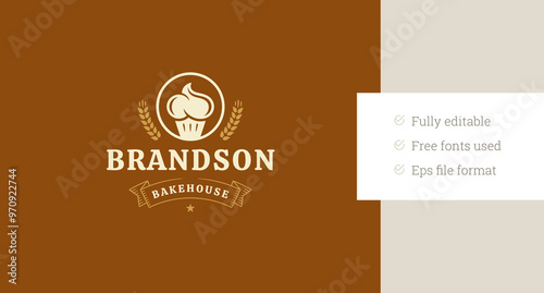 Bakehouse sweet creamy cupcake retro logo design template vector flat illustration. Bakery delicious cake dessert minimalist old style logotype with wheat and ribbon decor element for brand menu