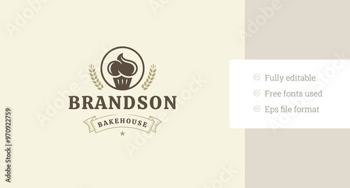 Bakery retro logo design template with pastry dessert vector flat illustration. Bakehouse old style minimalist logotype for baked sweet delicious fresh traditional bread cookery menu brand