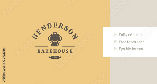 Bakery fresh dessert cupcake retro logo design template vector flat illustration. Bakehouse old style minimalist logotype for bread pastry culinary food cafe cafeteria eatery menu brand