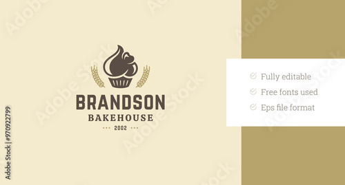 Bakehouse fresh appetizing creamy cupcake old style logo design template vector flat illustration. Bakery traditional bread sweet delicious pastry dessert cooking shop store brand logotype
