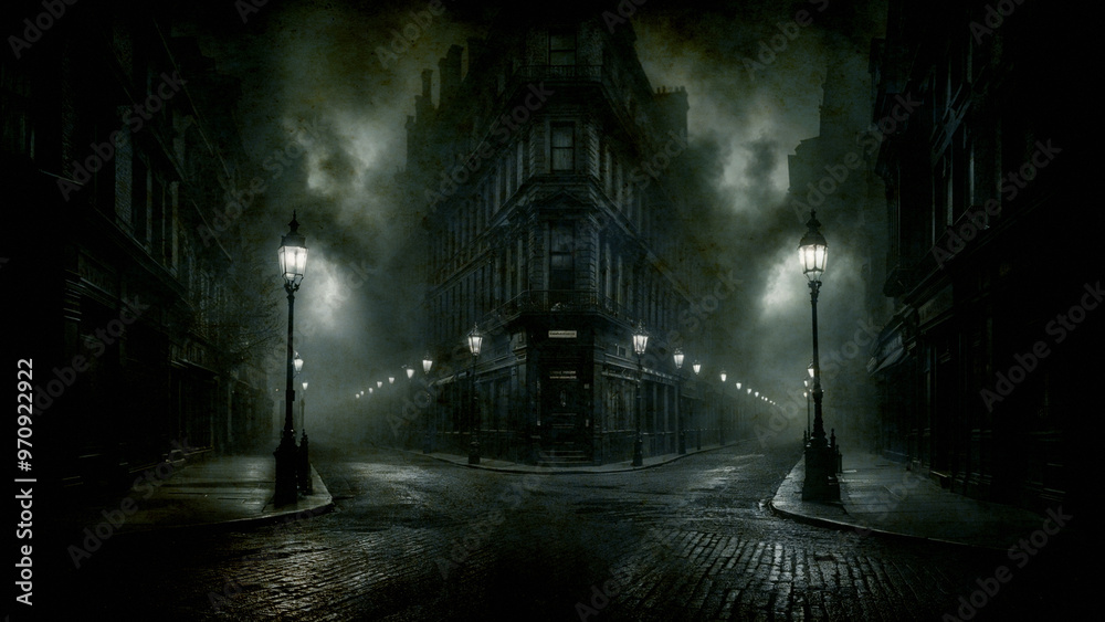 Victorian street scene with dark, empty cobblestone roads lit by gas lamp posts. Mysterious atmosphere with historical grunge texture. Ideal for ghost town and vintage-themed imagery Victorian street scene with dark, empty cobblestone roads lit by gas lamp posts. Mysterious atmosphere with historical grunge texture. Ideal for ghost town and vintage-themed imagery