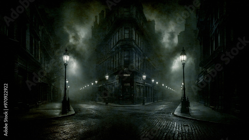Victorian street scene with dark, empty cobblestone roads lit by gas lamp posts. Mysterious atmosphere with historical grunge texture. Ideal for ghost town and vintage-themed imagery