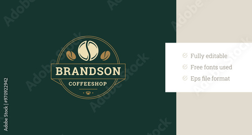 Coffee shop luxury circle retro logo design template with beans vector flat illustration. Traditional morning caffeine drink beverage hot aroma cappuccino americano latte minimalist logotype