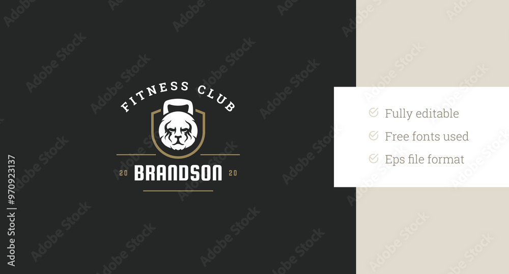 Weight dumbbell with lion head gym fitness club retro logo design template vector flat illustration. Sport center bodybuilding physical exercise athletic muscular training minimalist logotype Weight dumbbell with lion head gym fitness club retro logo design template vector flat illustration. Sport center bodybuilding physical exercise athletic muscular training minimalist logotype