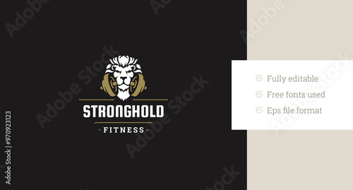 Strong lion head with dumbbell in mouth creative retro logo design template gym vector flat illustration. Fitness club bodybuilding sport center weight training physical exercise minimalist logotype