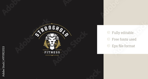 Power lion portrait with dumbbell luxury retro logo design template for fitness center vector flat illustration. Strong leo wild animal with sport weight gym club training minimalist logotype