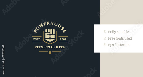 Gym center bodybuilding power fist luxury retro logo design template vector flat illustration. Fitness club sport muscular workout physical exercise minimalist logotype emblem