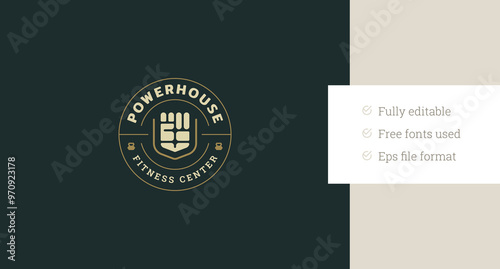 Abstract strong fist bodybuilding circle retro logo design template for gym club vector flat illustration. Fitness center power hand sport physical exercise muscle training minimalist logotype emblem