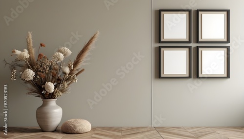 Minimalist room featuring empty frames on the wall and a vase of dried flowers as a focal point photo