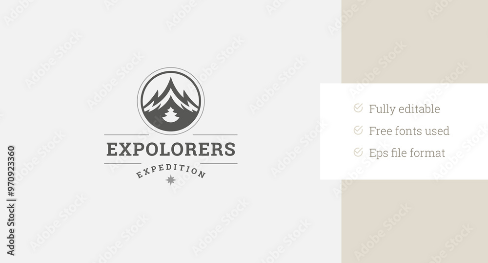 Fototapeta premium Extreme expedition mountain with spruce retro logo design template vector flat illustration. Hiking mountaineering camping travel adventure nature exploration discovery minimalist logotype