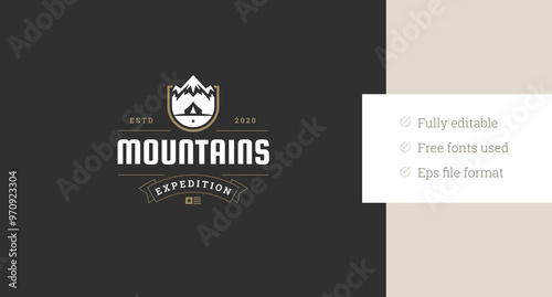 Mountain expedition club hiking travel adventure retro logo design template vector flat illustration. Snowy rock cliff with camping nature climbing exploration discovery inspiration logotype