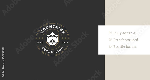 Mountain expedition center extreme sport camping travel circle retro logo design template vector flat illustration. Mountaineering tourism hiking climbing summer exploration discovery logotype
