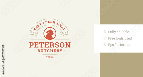 Fresh meat butcher shop market retro logo design template chicken head vector flat illustration. Butchery store premium pork beef grill roast barbecue restaurant menu logotype with golden ribbon decor
