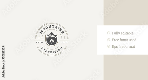 Mountain expedition club retro seal stamp circle logo design template vector flat illustration. Alpinism hiking climbing mountaineering extreme camping travel adventure logotype with golden element
