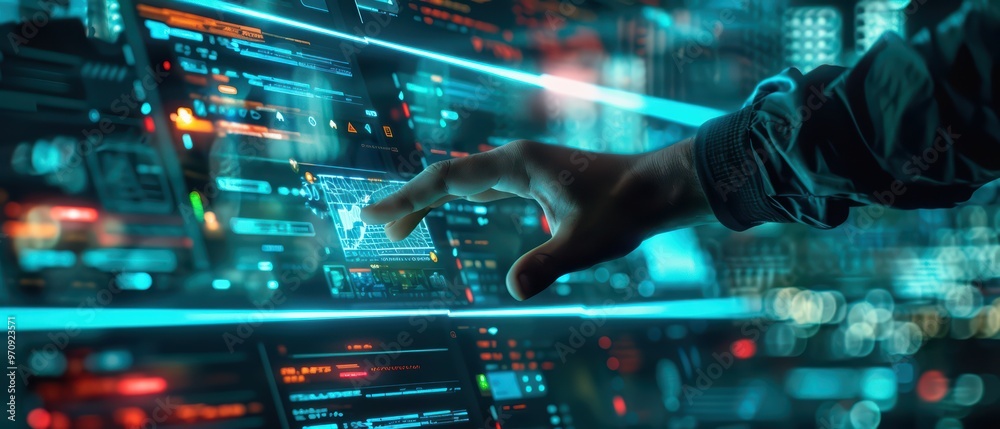 Fototapeta premium A futuristic hand interacting with a digital interface, showcasing advanced technology and vibrant holographic displays.