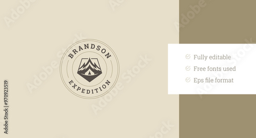 Mountain camping expedition travel adventure old style logo design template vector flat illustration. Mountaineering alpinism exploration discovery snowy rock cliff minimalist circle logotype