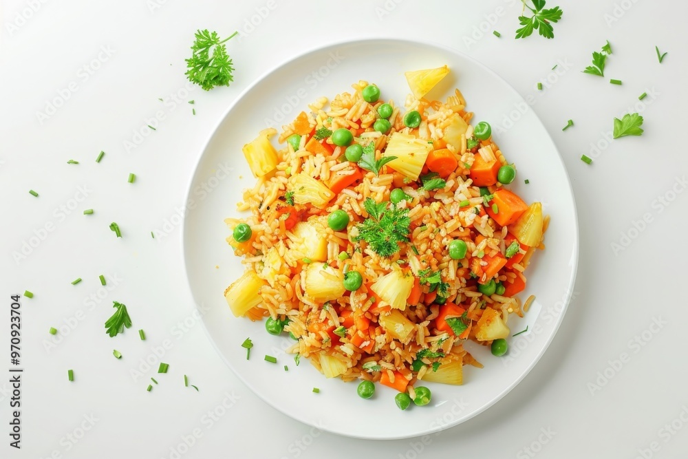 Vegan fried rice with pineapple, carrots and peas, balanced vegan meal Vegan fried rice with pineapple, carrots and peas, balanced vegan meal