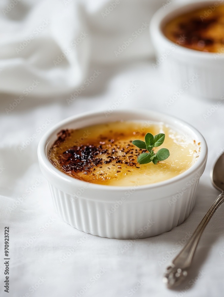 A creamy dessert topped with caramelized sugar and a sprig of herb. A creamy dessert topped with caramelized sugar and a sprig of herb.
