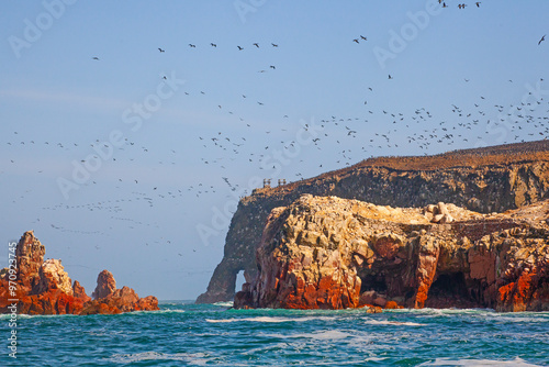 Lots of birds on Ballestas Islands national reserve, Paracas, Peru