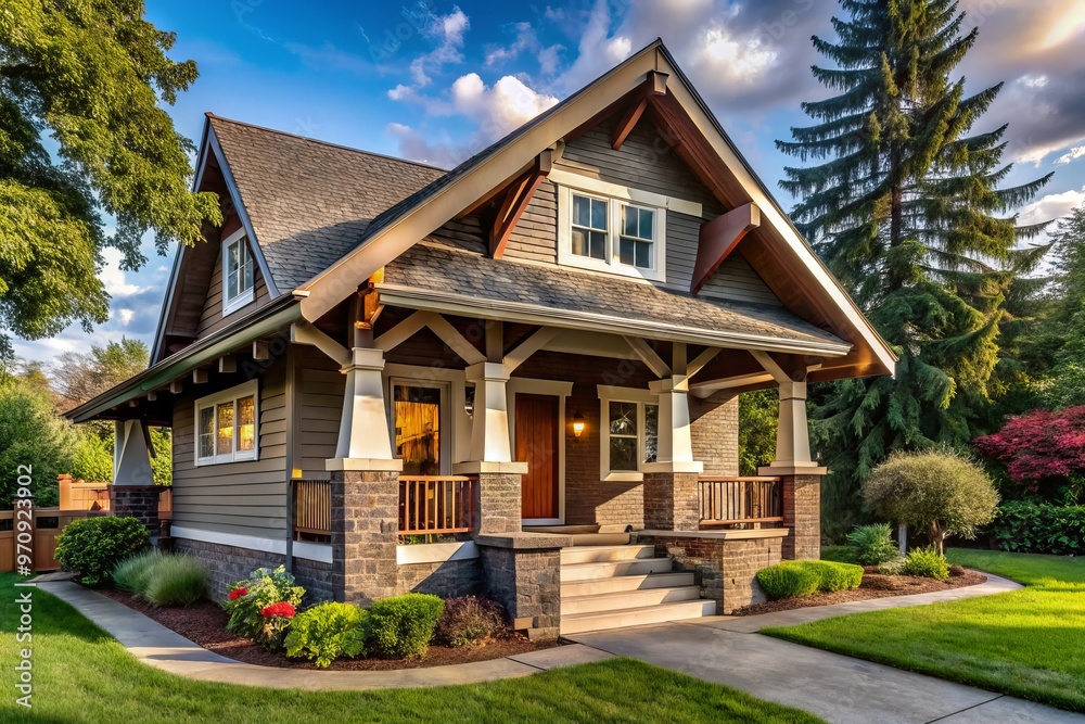 This charming residence features a low-pitched roofline, generous overhanging eaves, and warm exposed wooden beams.