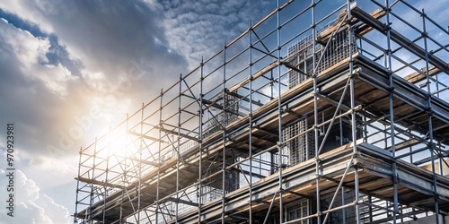 Construction Site Scaffolding Against Cloudy Sky. Intricate metal scaffolding rises up against a partly cloudy sky at a construction site. The scaffolding forms a complex grid pattern.