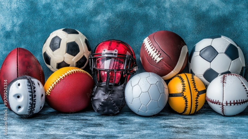 A collection of various sports balls and a helmet arranged artistically. A collection of various sports balls and a helmet arranged artistically.