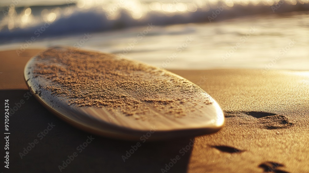 Obraz premium A surfboard rests on the sandy beach, illuminated by the warm glow of the setting sun.