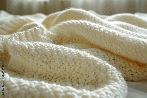 Manta de algodón blanco hecha con ganchillo. Material, textura, interior de casa. Recurso gráfico, fondo. 