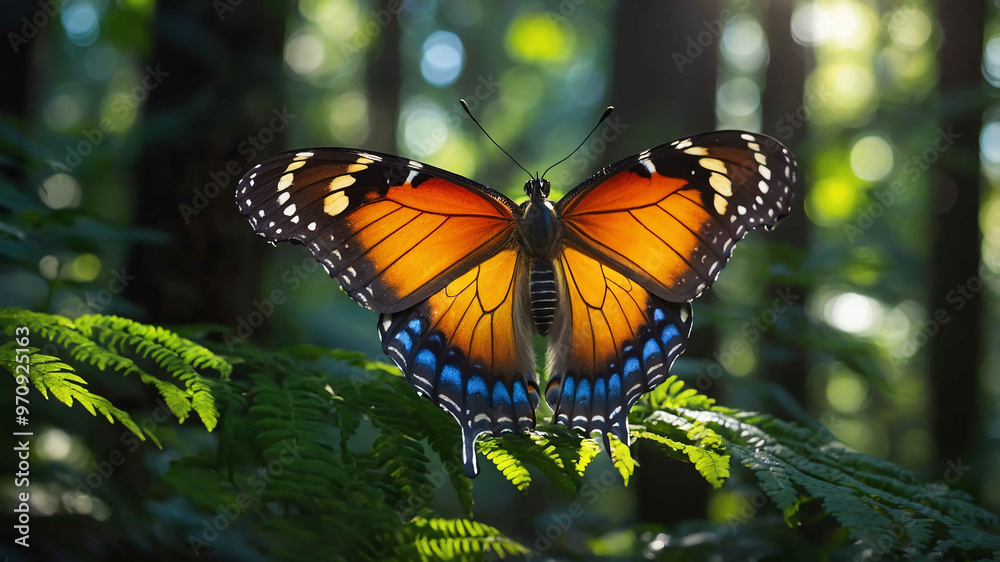 Fototapeta premium Butterfly wings illuminated by sunlight in a dense forest