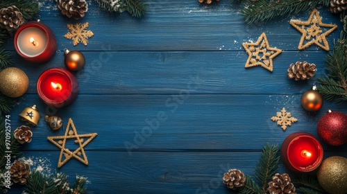 Symbols of Hanukkah and Christmas decor on blue wooden background with space for text: top view photo