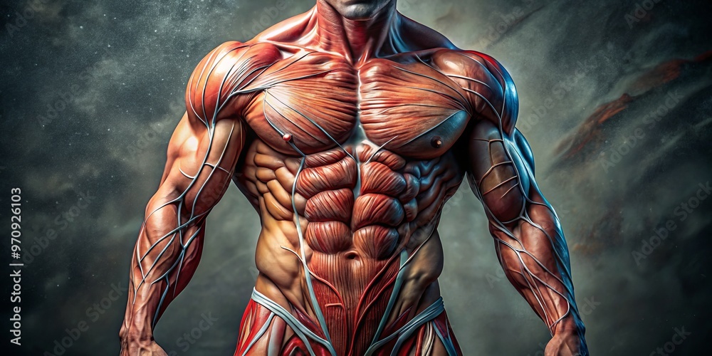 Muscular male figure showcasing intricate detail of abdominal muscles, including internal organs, veins, and arteries, with subtle shading and texture. Muscular male figure showcasing intricate detail of abdominal muscles, including internal organs, veins, and arteries, with subtle shading and texture.