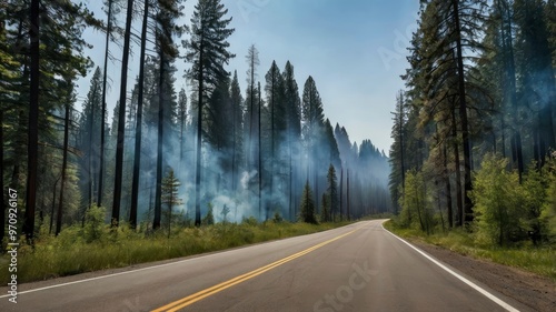 A smoky haze from a forest fire looms over a road, surrounded by green trees and a bright blue sky
