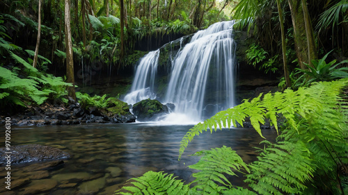 Fern growing beside a waterfall in a tropical forest