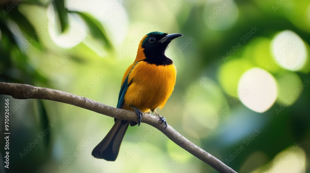 Fototapeta premium Golden-winged Bird Perched on Branch