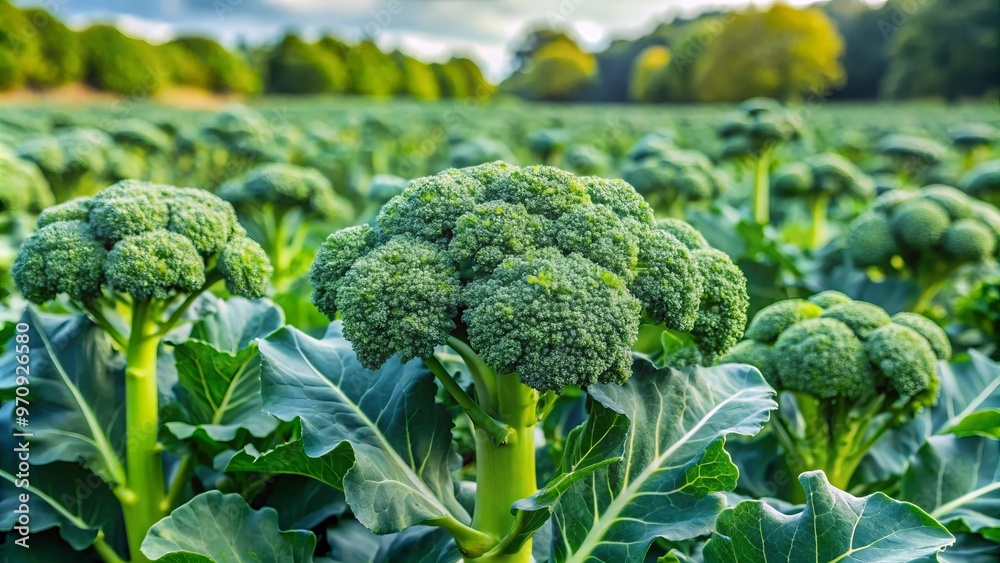 In the field, a bounty of vibrant green broccoli plants sprout, their ...