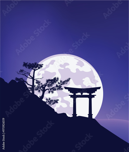 traditional japanese torii gate entrance to shinto shrine on pine tree covered rock cliff at night with full moon -  asian mountain landscape vector silhouette scene