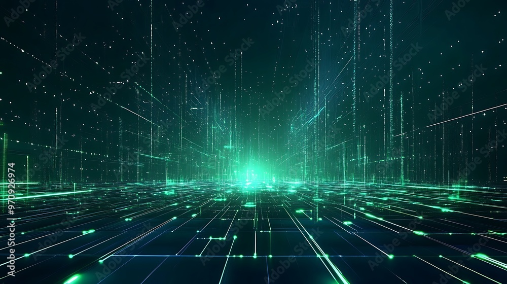 A futuristic digital landscape featuring glowing lines and particles, symbolizing technology and data communication.