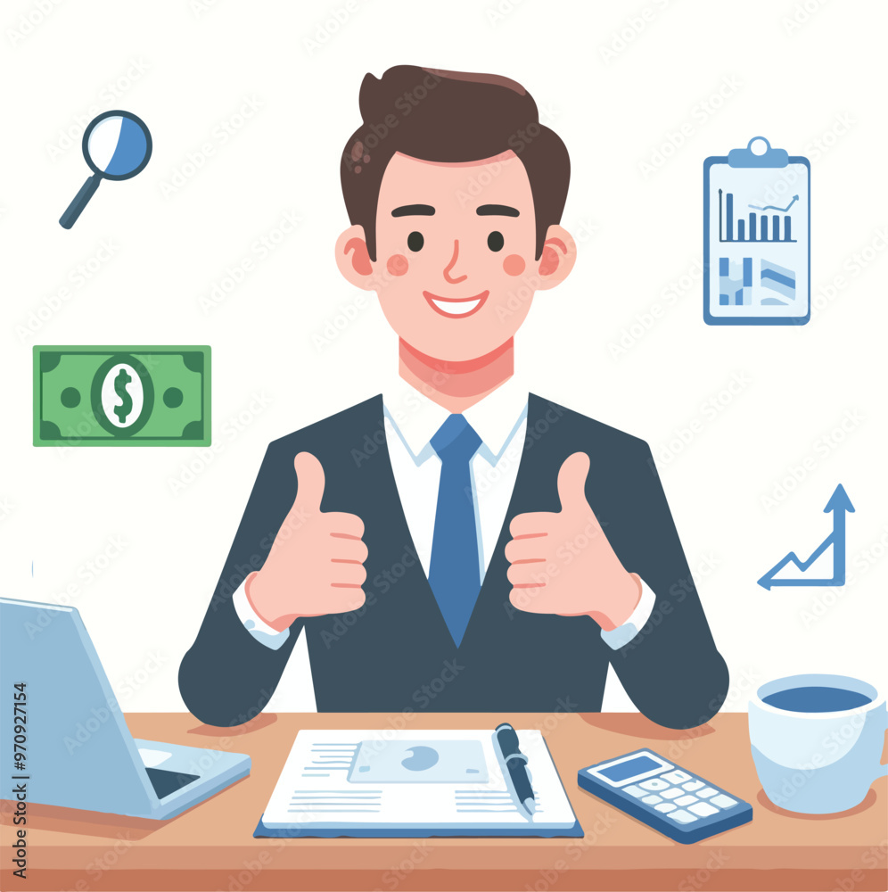 Businessman working on laptop expressing thumb up in flat design Businessman working on laptop expressing thumb up in flat design