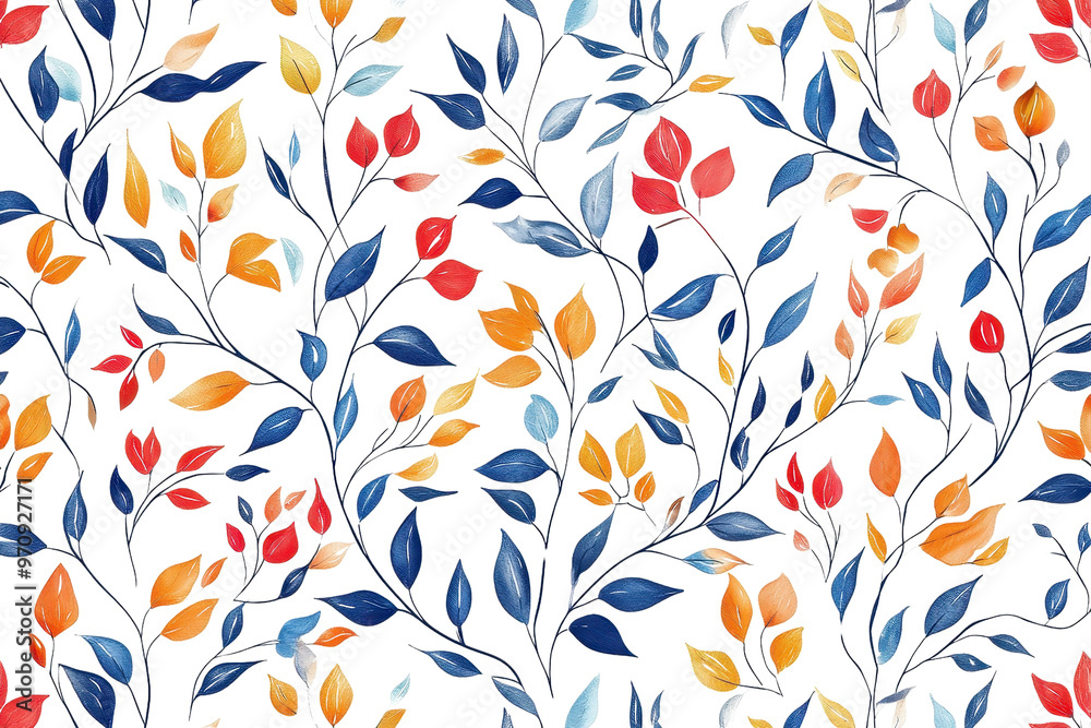 Colorful botanical pattern with vibrant leaves and branches, perfect for fabric design and digital artwork. Colorful botanical pattern with vibrant leaves and branches, perfect for fabric design and digital artwork.